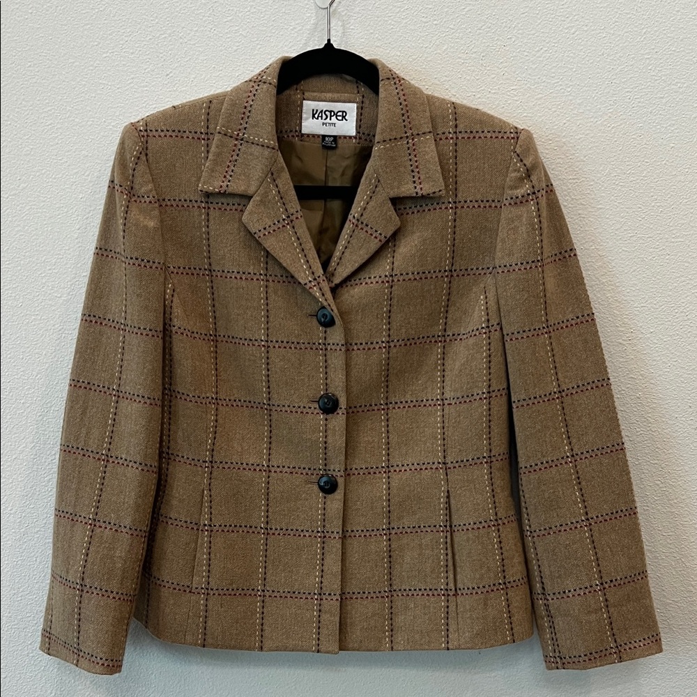 Kasper Women's 10P Fully Lined Wool Brown Checkered Blazer NWOT